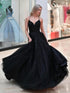 Black Spaghetti Straps V Neck Tulle A Line Prom Dress