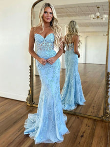 Mermaid Sweetheart Sky Blue Prom Dress With Appliques