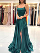 Dark Green A Line Spaghetti Straps Satin Long Prom Dress