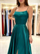 Dark Green A Line Spaghetti Straps Satin Long Prom Dress