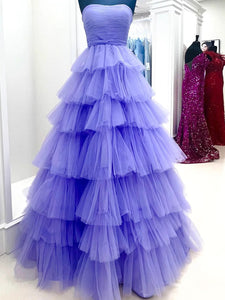 Purple Strapless Tulle Sleeveless Princess Long Prom Dress