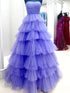 Purple Strapless Tulle Sleeveless Princess Long Prom Dress