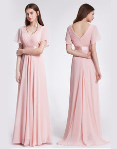 Chiffon Long Pink Bridesmaid Dress with Sleeves