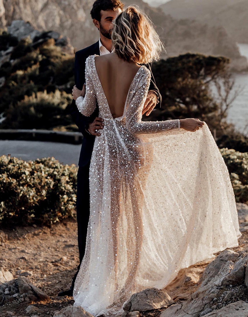 Dressself Sequin Long Sleeve Backless Beach Wedding Dress Dressself Sequin Long Sleeve Backless Beach Wedding Dress