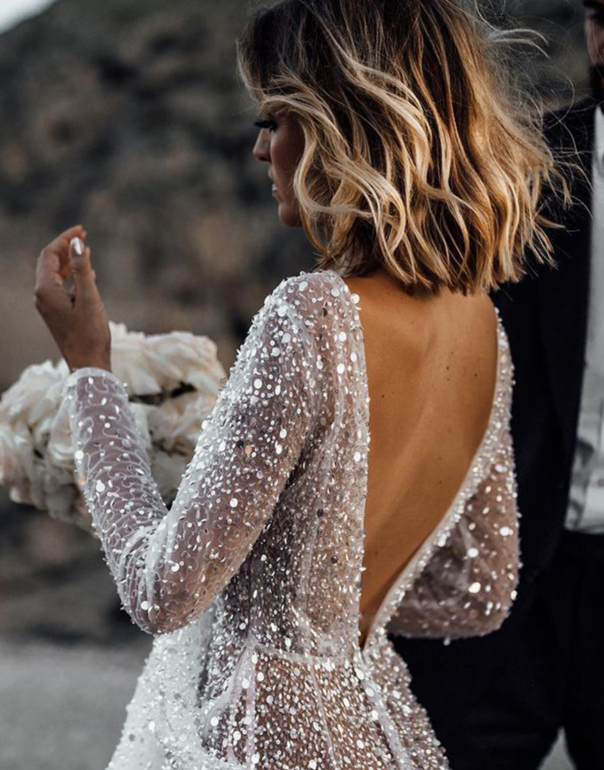 Dressself Sequin Long Sleeve Backless Beach Wedding Dress Dressself Sequin Long Sleeve Backless Beach Wedding Dress
