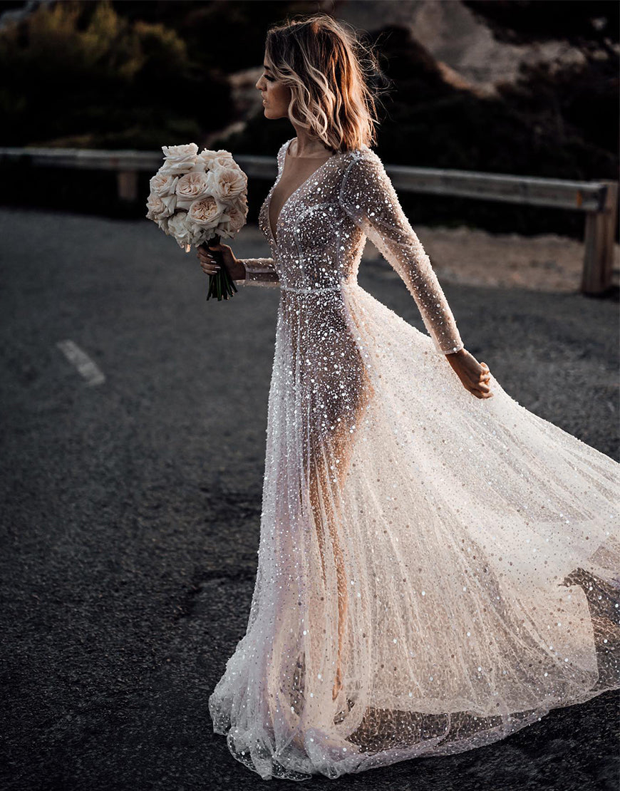 Dressself Sequin Long Sleeve Backless Beach Wedding Dress Dressself Sequin Long Sleeve Backless Beach Wedding Dress
