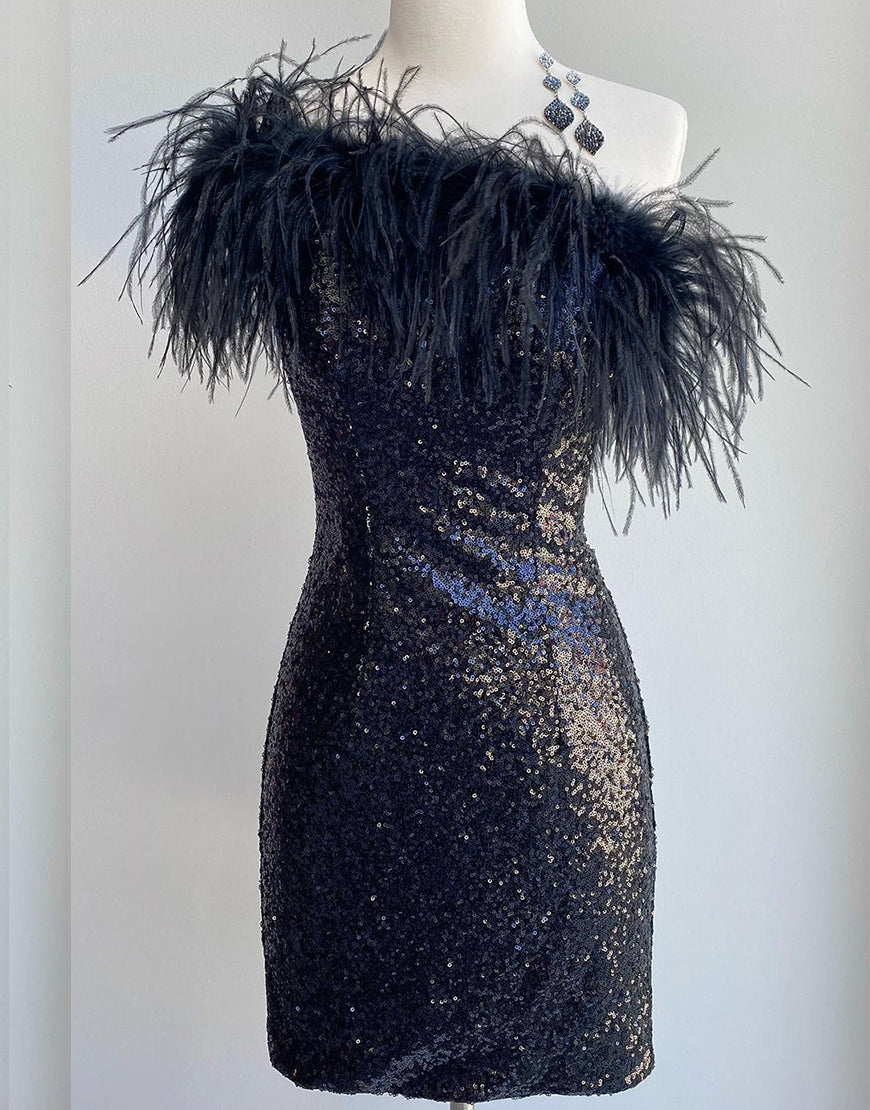 Dressself Blue Sequin Homecoming Dress with Feather Short Party Dresses Dressself Blue Sequin Homecoming Dress with Feather Short Party Dresses