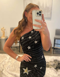 One Shoulder Black Homecoming Dress with Stars