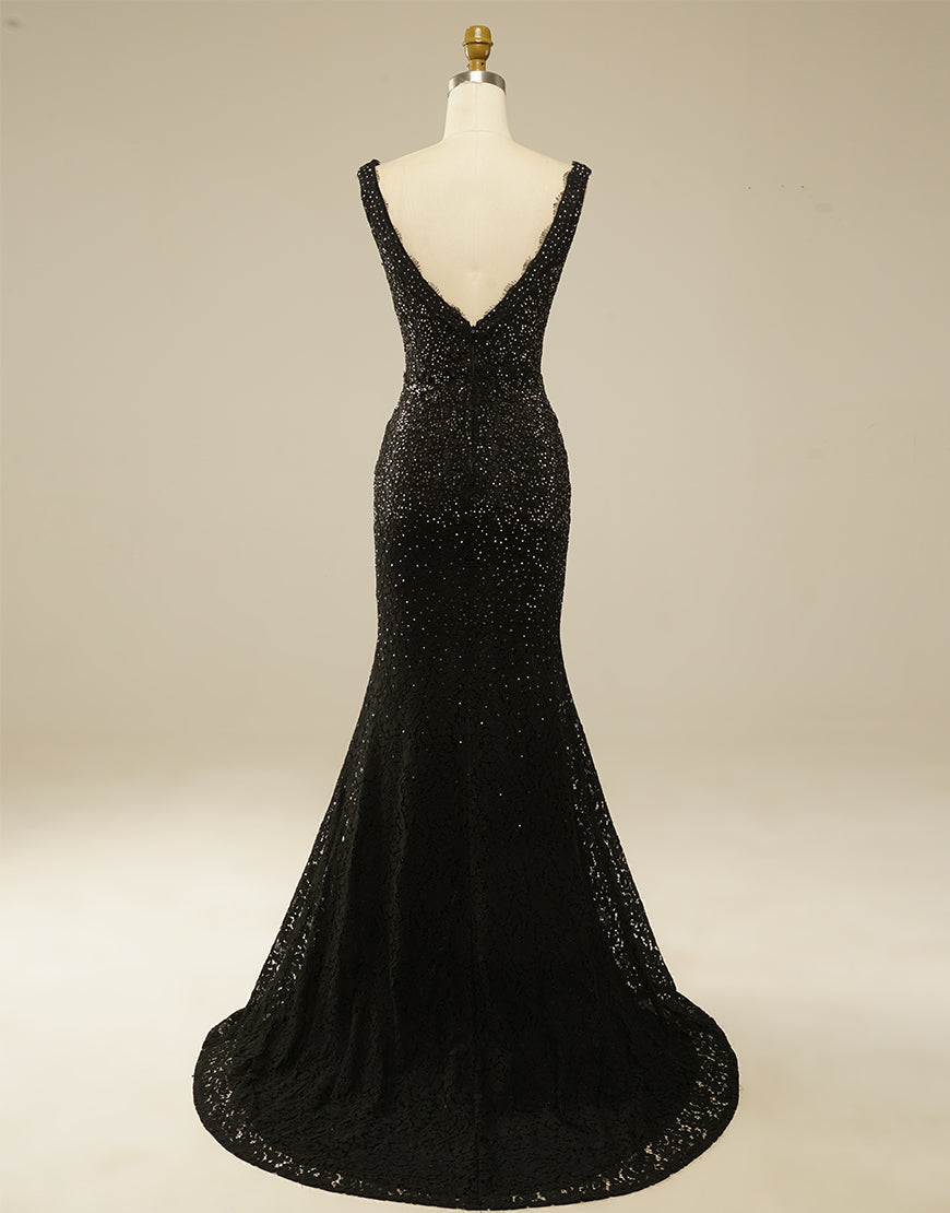Elegant Glitter Rhinestone Lace Long Mermaid Black Prom Dress – Dressself