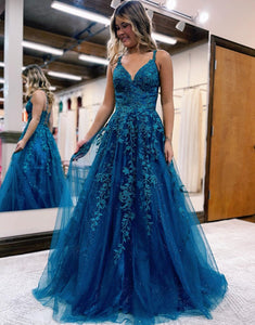 A-line Long Blue Appliques Prom Dress