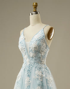A-line Light Blue Tulle Prom Dress