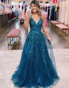 A-line Long Blue Appliques Prom Dress