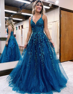 A-line Long Blue Appliques Prom Dress