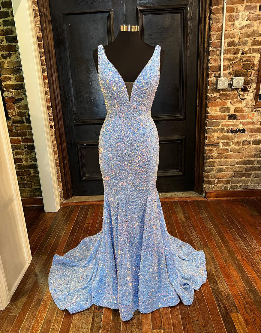 Dressself Light Blue Sequin Mermaid Long Backless Prom Dress Dressself Light Blue Sequin Mermaid Long Backless Prom Dress