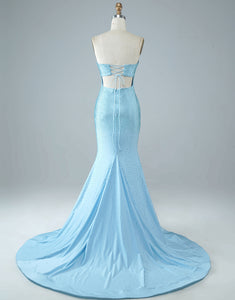 Sexy Tight Strapless Light Blue Long Prom Dress with Split