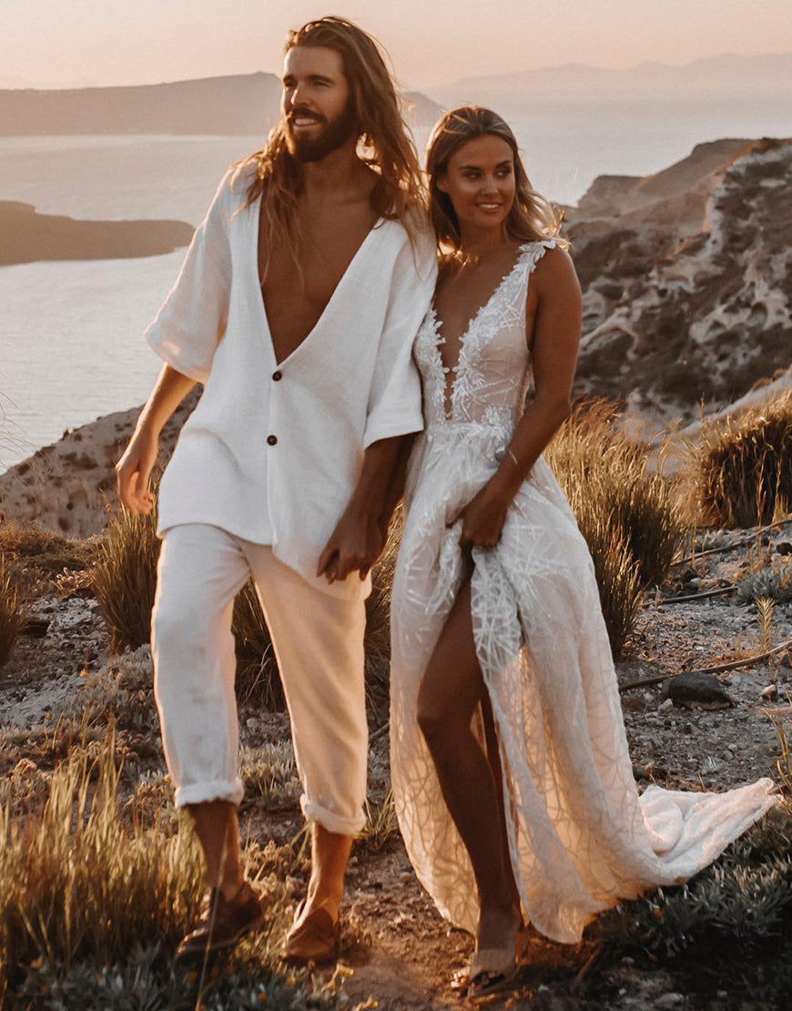 Dressself Women Boho Wedding Dress with Slit White A Line V-Neck Sweep Train Bridal Dress Dressself Women Boho Wedding Dress with Slit White A Line V-Neck Sweep Train Bridal Dress
