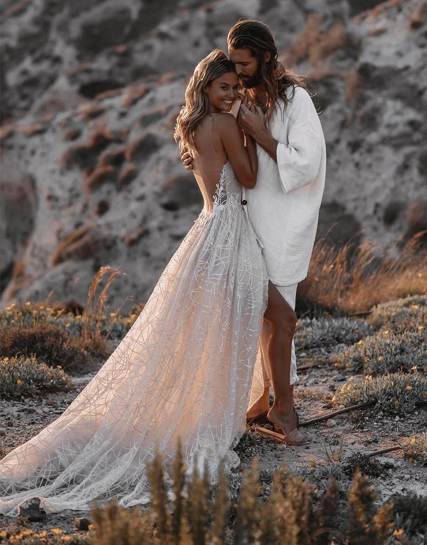 Dressself Women Boho Wedding Dress with Slit White A Line V-Neck Sweep Train Bridal Dress Dressself Women Boho Wedding Dress with Slit White A Line V-Neck Sweep Train Bridal Dress