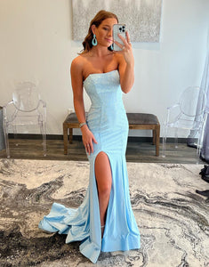 Sexy Tight Strapless Light Blue Long Prom Dress with Split