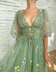 Green V-neck Floral Prom Dress