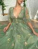 Green V-neck Floral Prom Dress