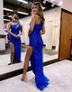One Shoulder Royal Blue Prom Dress with Feathers