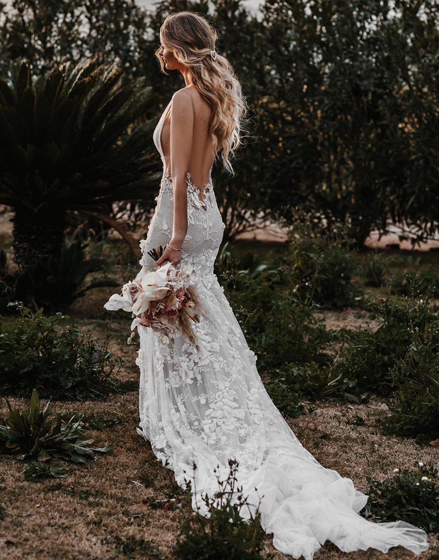 Dressself Boho Lace 3D Flowers Mermaid Wedding Dresses Backless Bride Dress Dressself Boho Lace 3D Flowers Mermaid Wedding Dresses Backless Bride Dress