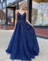 Navy Blue Appliques Long Prom Dress Evening Dress