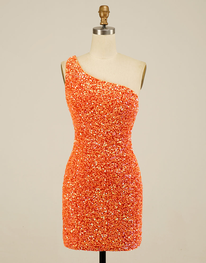 Glitter One-Shoulder Hot Pink Homecoming Dress With Sequins Dressself Glitter One-Shoulder Hot Pink Homecoming Dress With Sequins Dressself