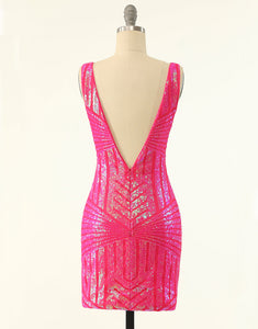 Sequins Deep V-neck Tight Pink Homecoming Dress