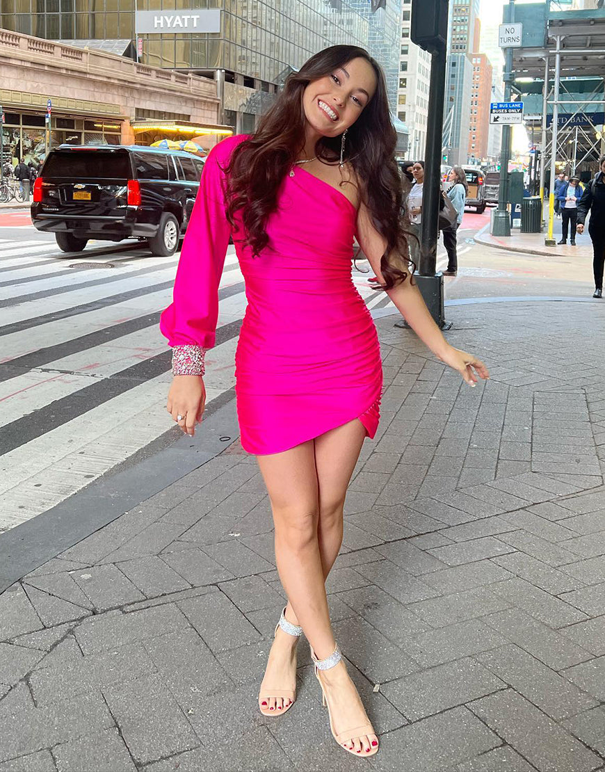 Dressself One Shoulder Short Pink Homecoming Dress with Sleeves Dressself One Shoulder Short Pink Homecoming Dress with Sleeves