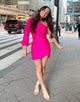 One Shoulder Pink Homecoming Dress with Sleeves