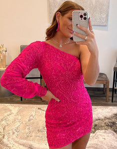 One Shoulder Sheath Homecoming Dress with Sleeve
