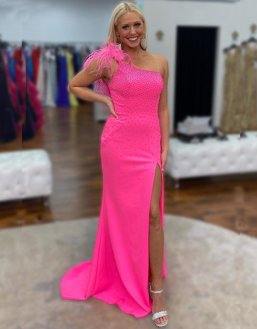 Dressself One Shoulder Slit Hot Pink Prom Dress with Feathers Dressself One Shoulder Slit Hot Pink Prom Dress with Feathers