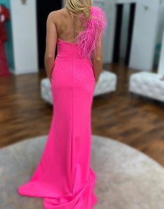 One Shoulder Hot Pink Prom Dress with Feathers
