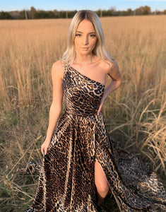 One Shoulder Leopard Print Long Prom Dress