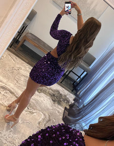 One Shoulder Long Sleeve Purple Homecoming Dress