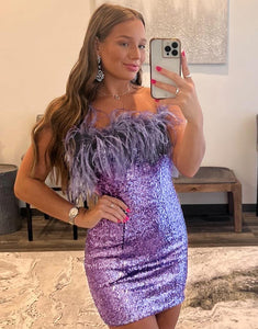 Strapless Tight Sequin Homecoming Dress with Feather