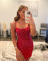 Red Spaghetti Straps Beaded Bodycon Mini Homecoming Dress