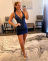 Shiny Backless Sheath Navy Homecoming Dress