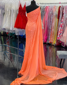 One Shoulder Sequin Prom Dress with Floating Sleeves