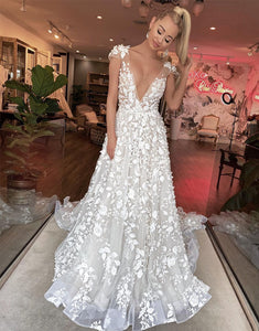 A-Line V-Neck Cap Sleeves Wedding Dress with Sweep Train