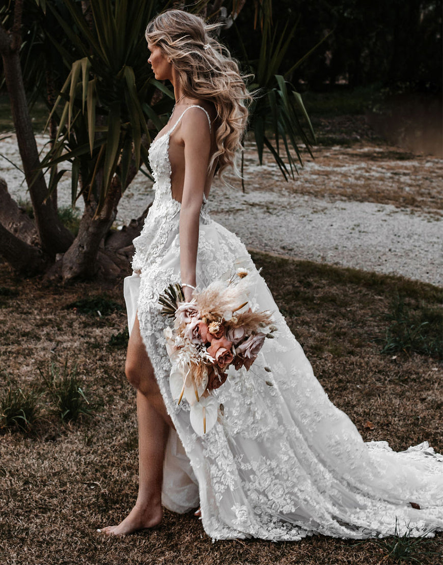 Dressself White A-Line Spaghetti Lace Beach Wedding Dress with Split Boho Long Bridal Gown Dressself White A-Line Spaghetti Lace Beach Wedding Dress with Split Boho Long Bridal Gown