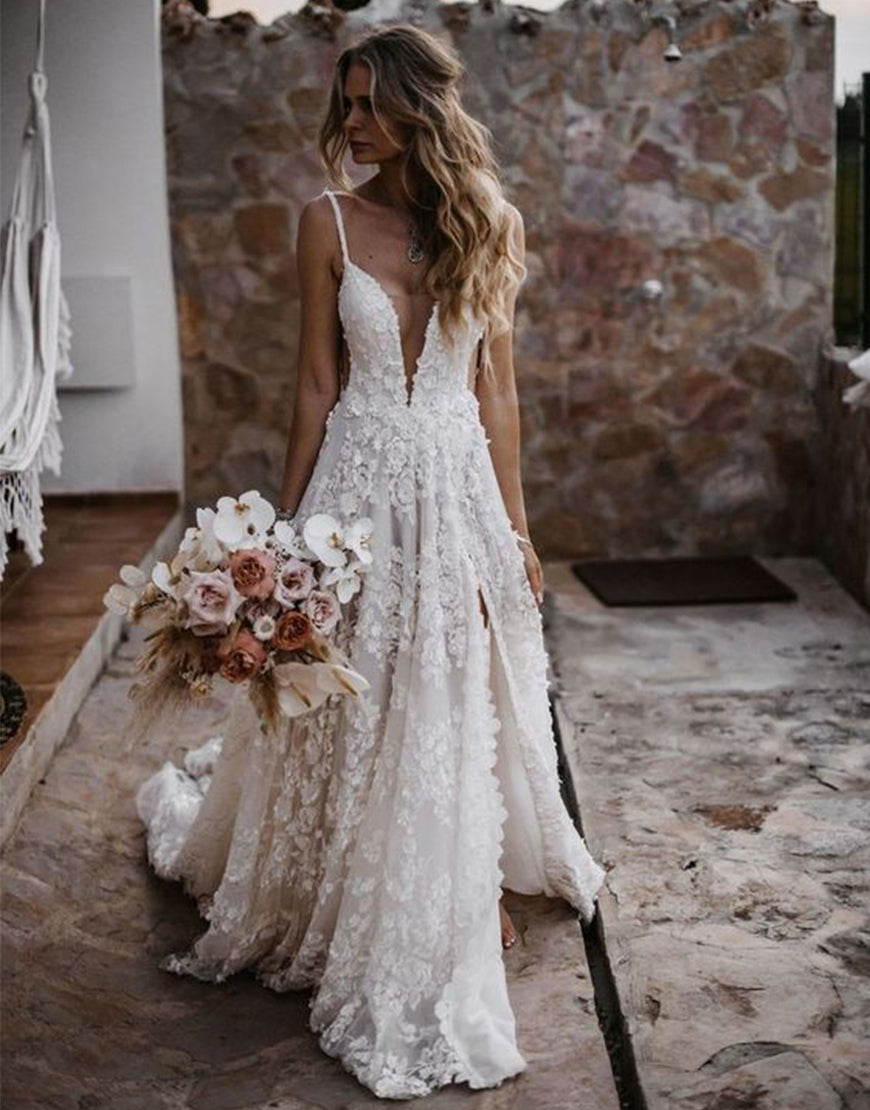 Dressself White A-Line Spaghetti Lace Beach Wedding Dress with Split Boho Long Bridal Gown Dressself White A-Line Spaghetti Lace Beach Wedding Dress with Split Boho Long Bridal Gown