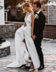 Deep V-neck Satin Wedding Dress with Split